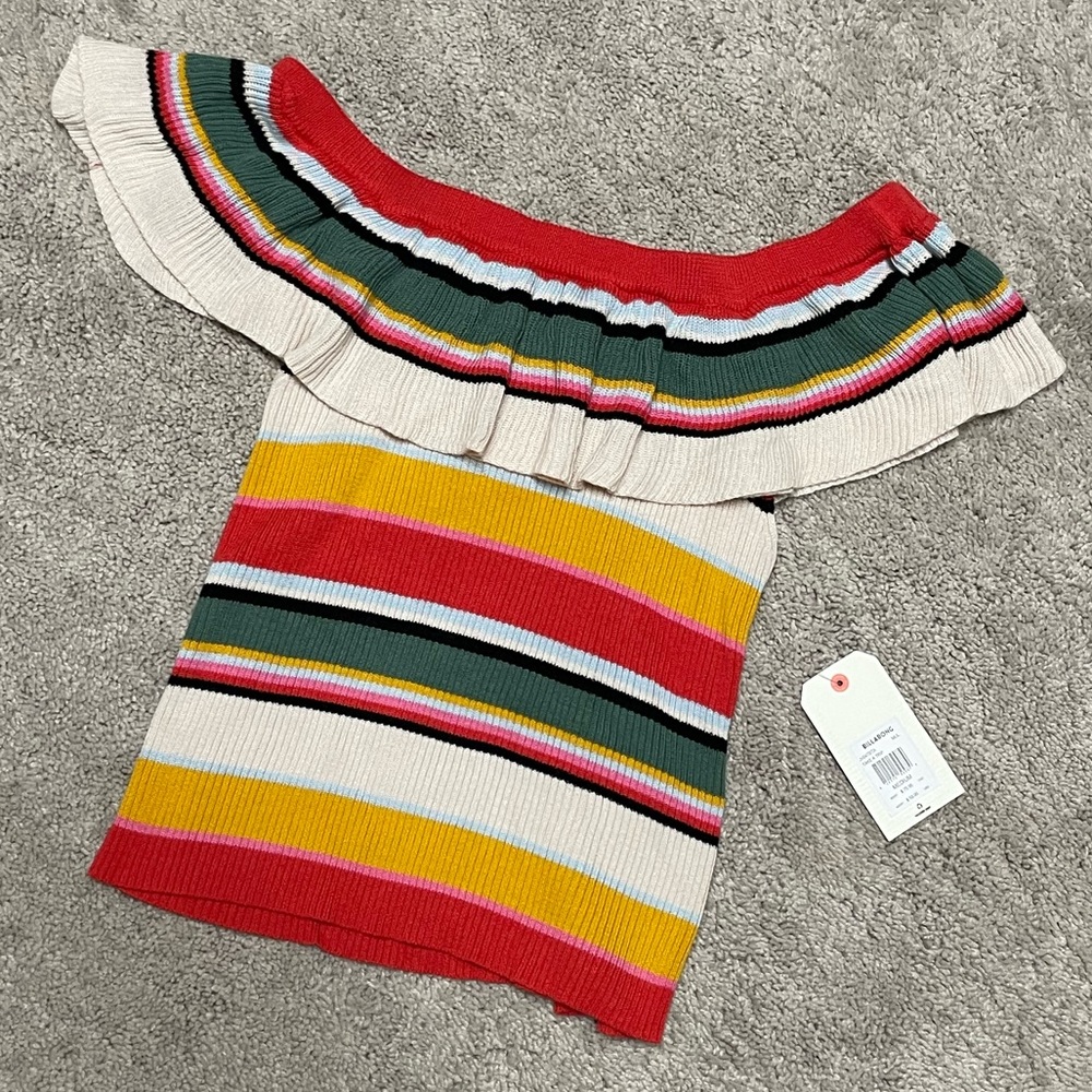 Multicolored Billabong ruffled off shoulder sweater top